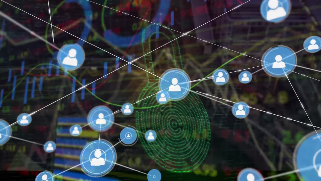 검은색 배경에 데이터 처리에 대한 아이콘과 자루를 가진 연결 네트워크의 애니메이션