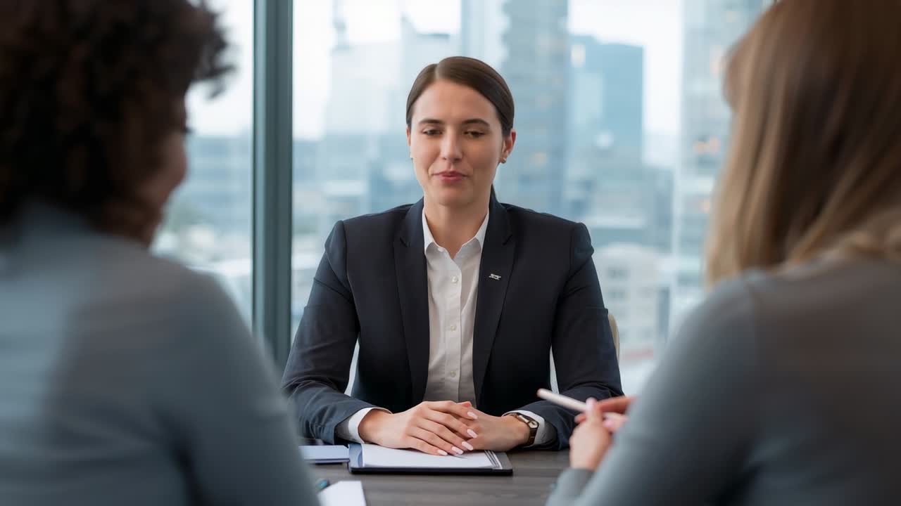 Dopo una domanda di colloquio di lavoro, donna che risponde, appunti animati che rispecchiano i gesti sul blocco appunti.