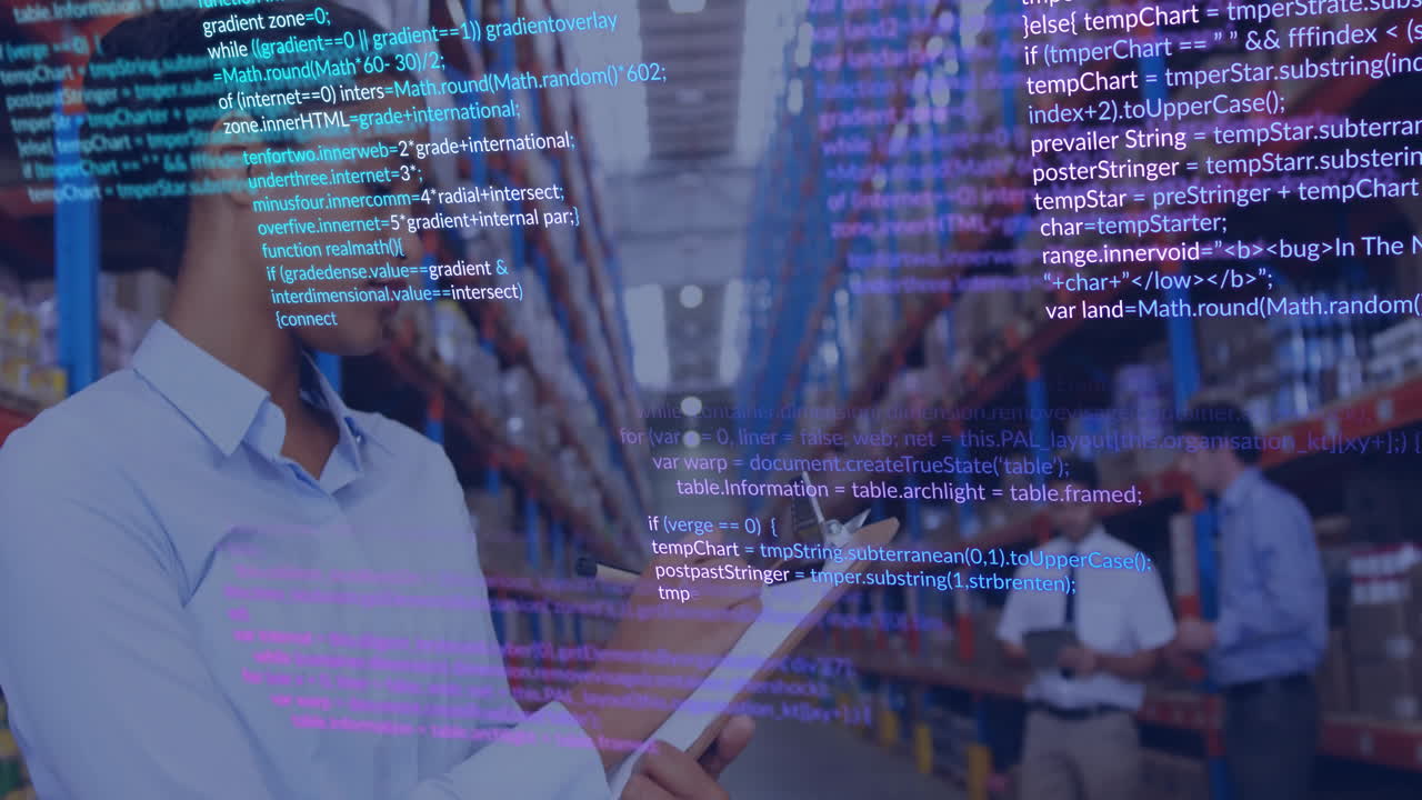 아이콘의 애니메이션과 데이터 처리가 창고에서 일하는 두 인종의 여성에 대한 것입니다.