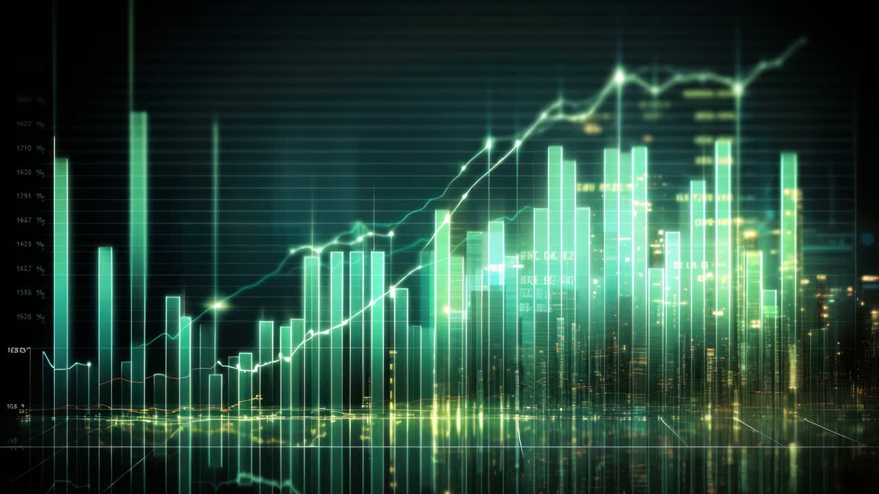 Dynamic video still of a digital financial chart with a low-angle view, showcasing rising bar graphs