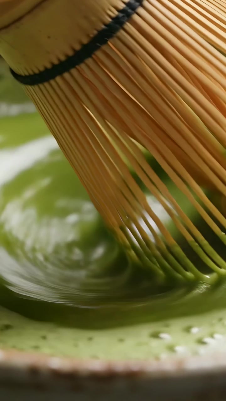 Pystyvideo: Matcha-vispilä upotetaan ja sekoittaa vihreää matchaa pöydällä, luoden vaahtoa chawan-kulhoon teetä varten.
