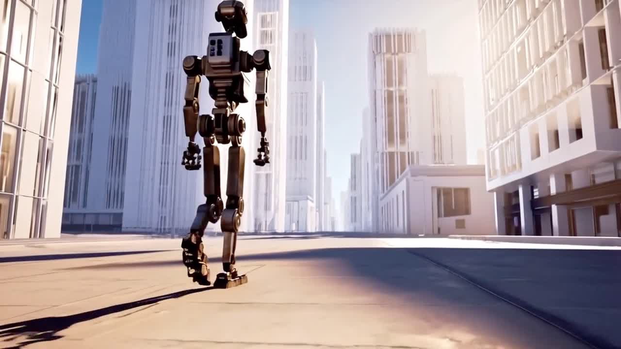Robot walking in a futuristic city