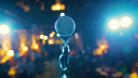 Microphone-on-stage-against-a-background-of-auditorium.