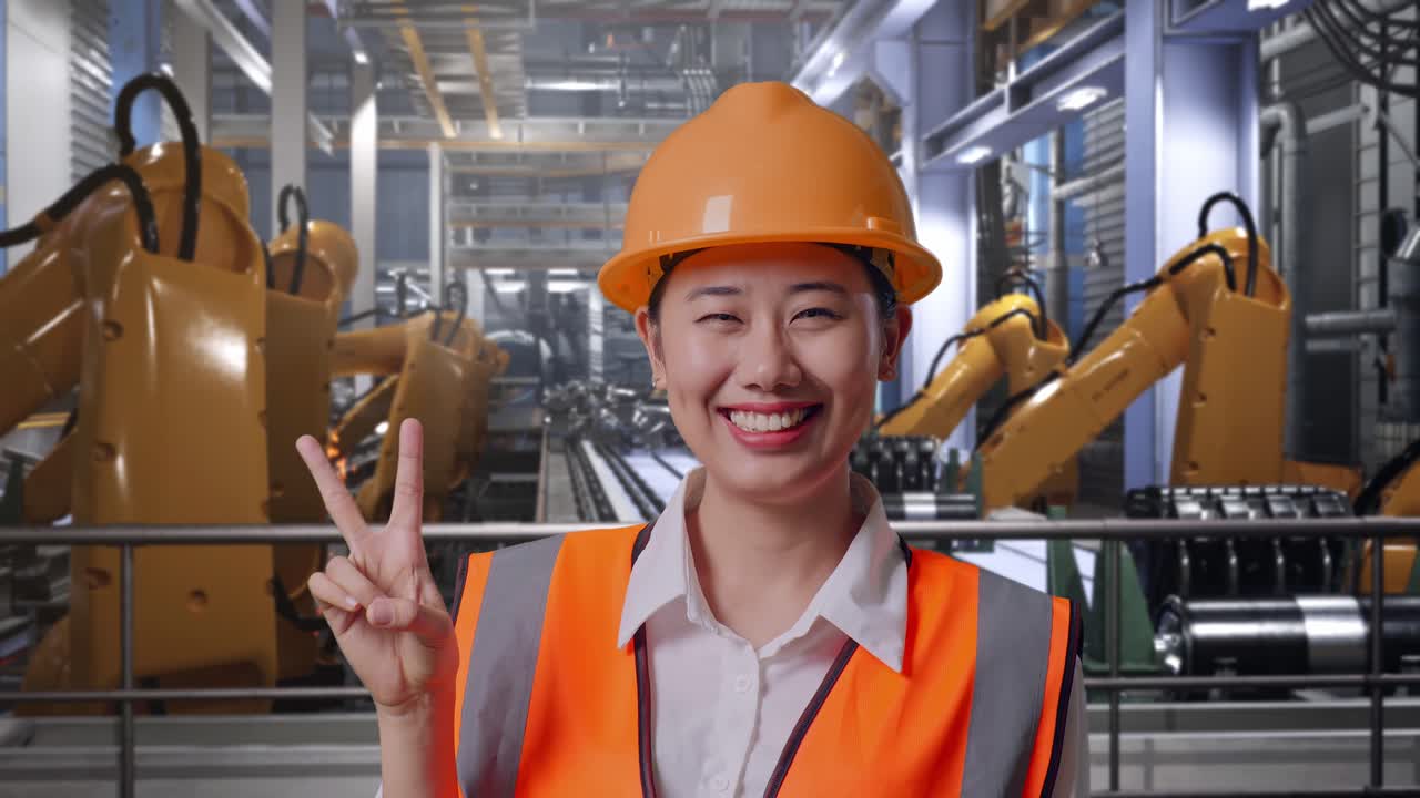 Close Up Of Asian Female Engineer With Safety Helmet Smiling And Showing Peace Gesture While Standing With Industrial Robotic Arms Working