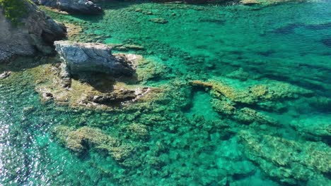 aguas cristalinas de color turquesa que fluyen sobre formaciones rocosas a lo largo de una costa en vista aérea