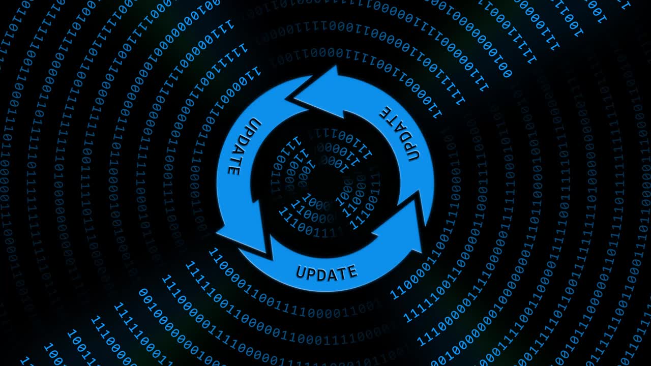 4k에서 추상적인 움직임 업데이트 문자에 업데이트 표시 중간 바이너리 코드 원 - 검은 바탕에 파란색으로 그래픽 요소 - 소프트웨어 업데이트 컴퓨터 프로그램
