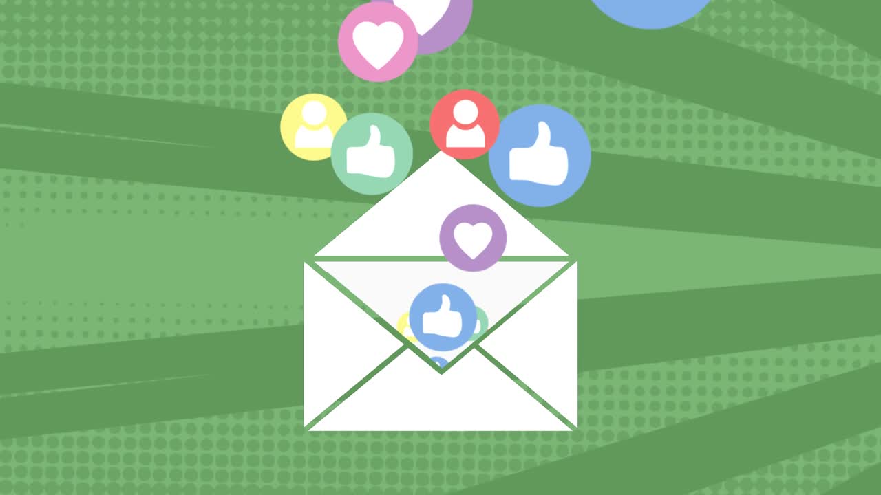 봉투 이메일 아이콘의 애니메이션과 소셜 미디어 아이콘이 원활한 루프로 회전합니다.