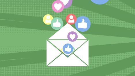 animación del icono de correo electrónico del sobre con iconos de las redes sociales en rotación en un bucle sin fisuras