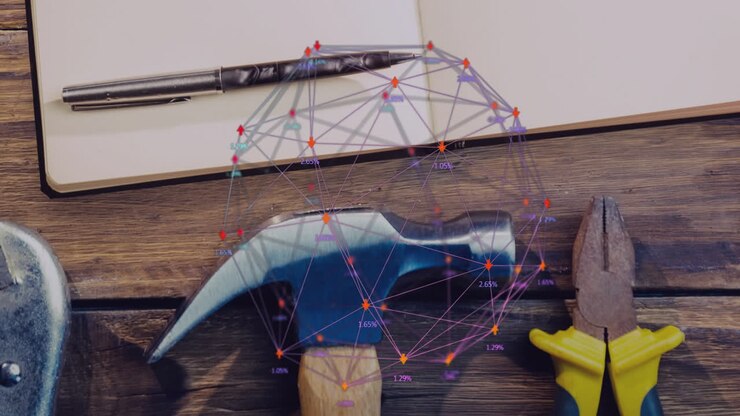 Martello da carpentiere appoggiato su un banco da lavoro in legno con linee di dati fluttuanti sopra un taccuino e delle pinze.