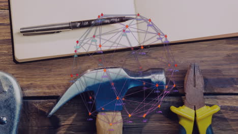 Claw hammer sitting on wooden workbench with data lines floating over notebook and pliers