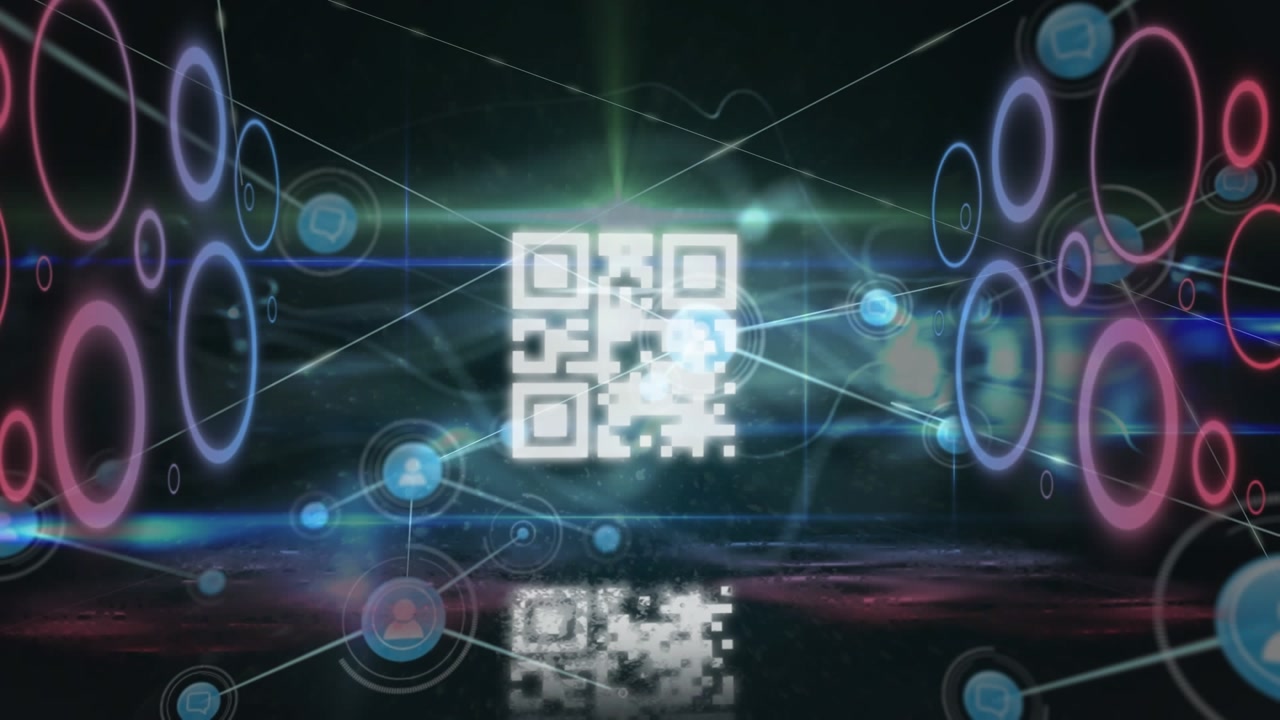 Animation of qr code and circles of connections on black background