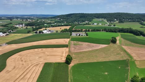 Una-Vista-Aérea-De-Las-Exuberantes-Tierras-De-Cultivo-Verdes-En-El-Sur-Del-Condado-De-Lancaster,-Pennsylvania-En-Un-Día-Soleado-De-Verano