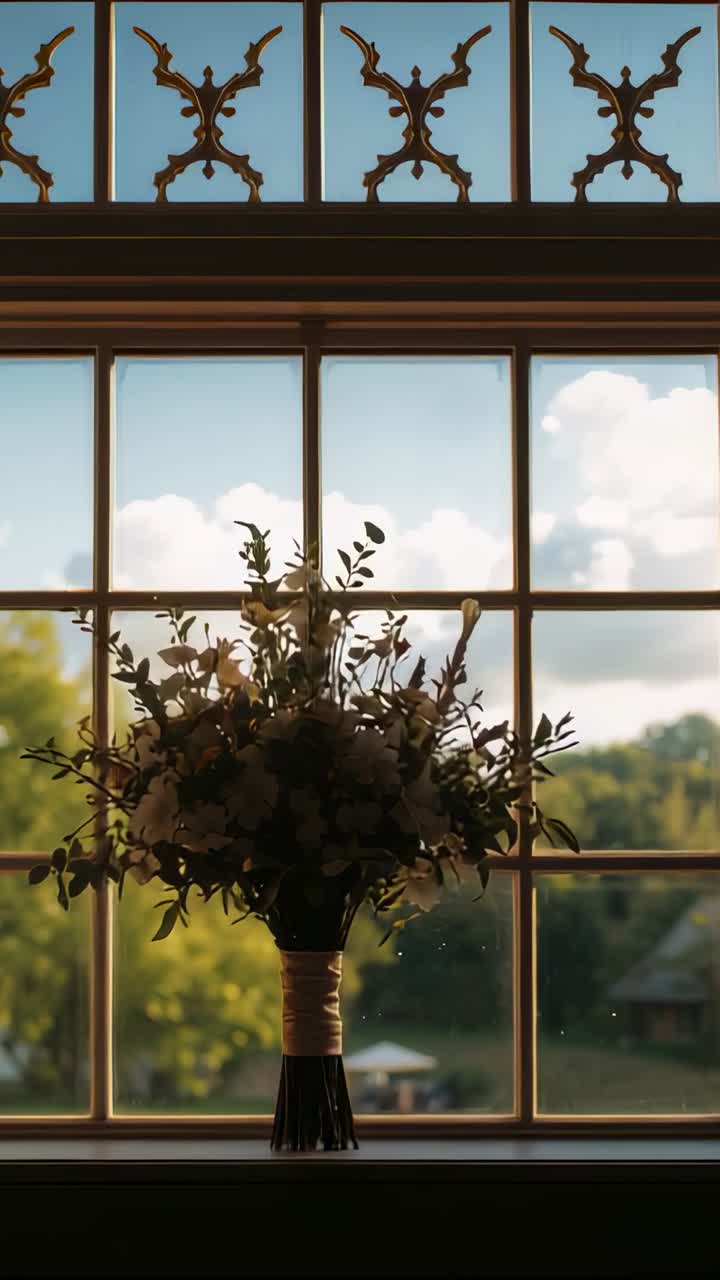 Vertical video: Sitting tied bouquet on sill, sunlight shifting, dust motes drifting past transom