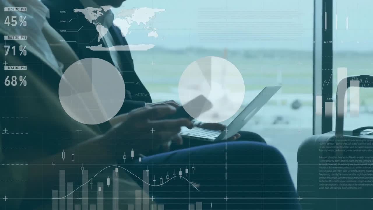 animazione dell'elaborazione dei dati sulla sezione centrale di un uomo d'affari che utilizza uno smartphone in un aeroporto