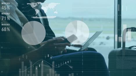 animation of data processing over mid section of businessman using smartphone at an airport