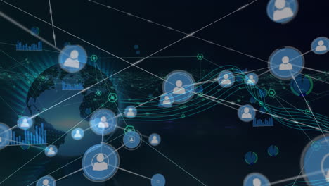 animation of network of connections with icons and globe over blue background