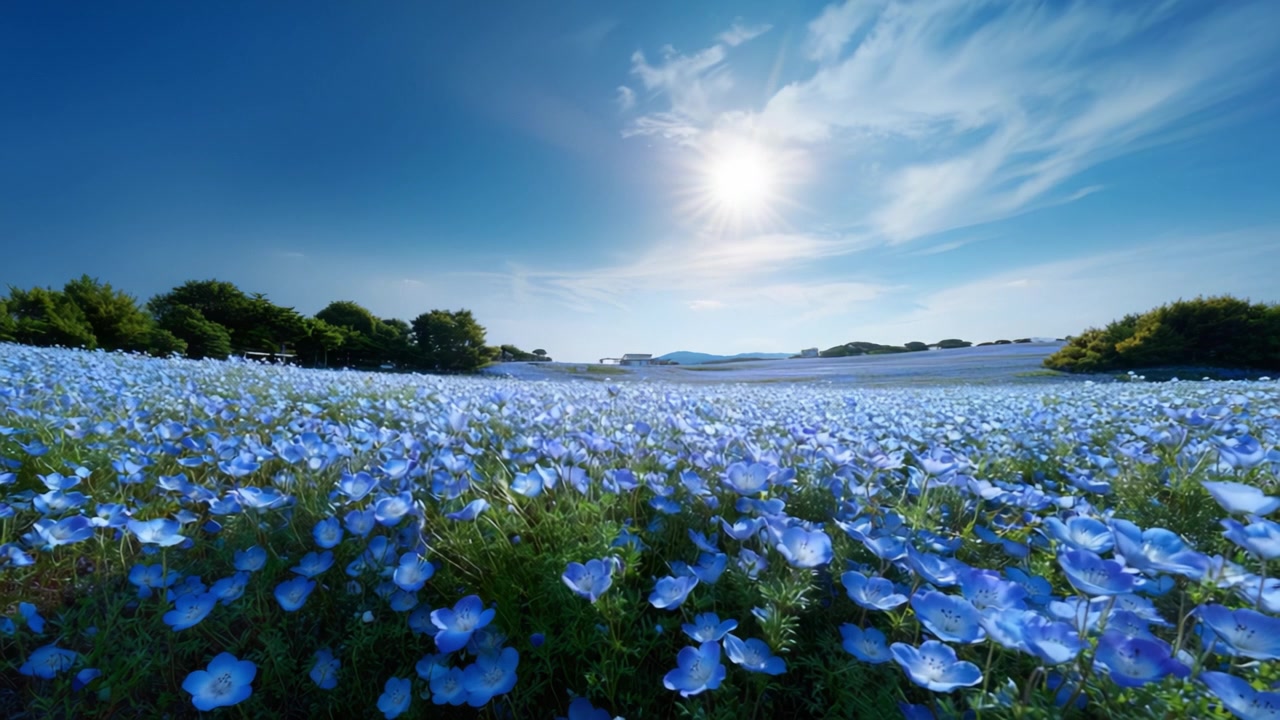輝く空の下、きらめく太陽の光が風景に美しい影を落とし、穏やかで平和な雰囲気を作り出す鮮やかな青い花畑
