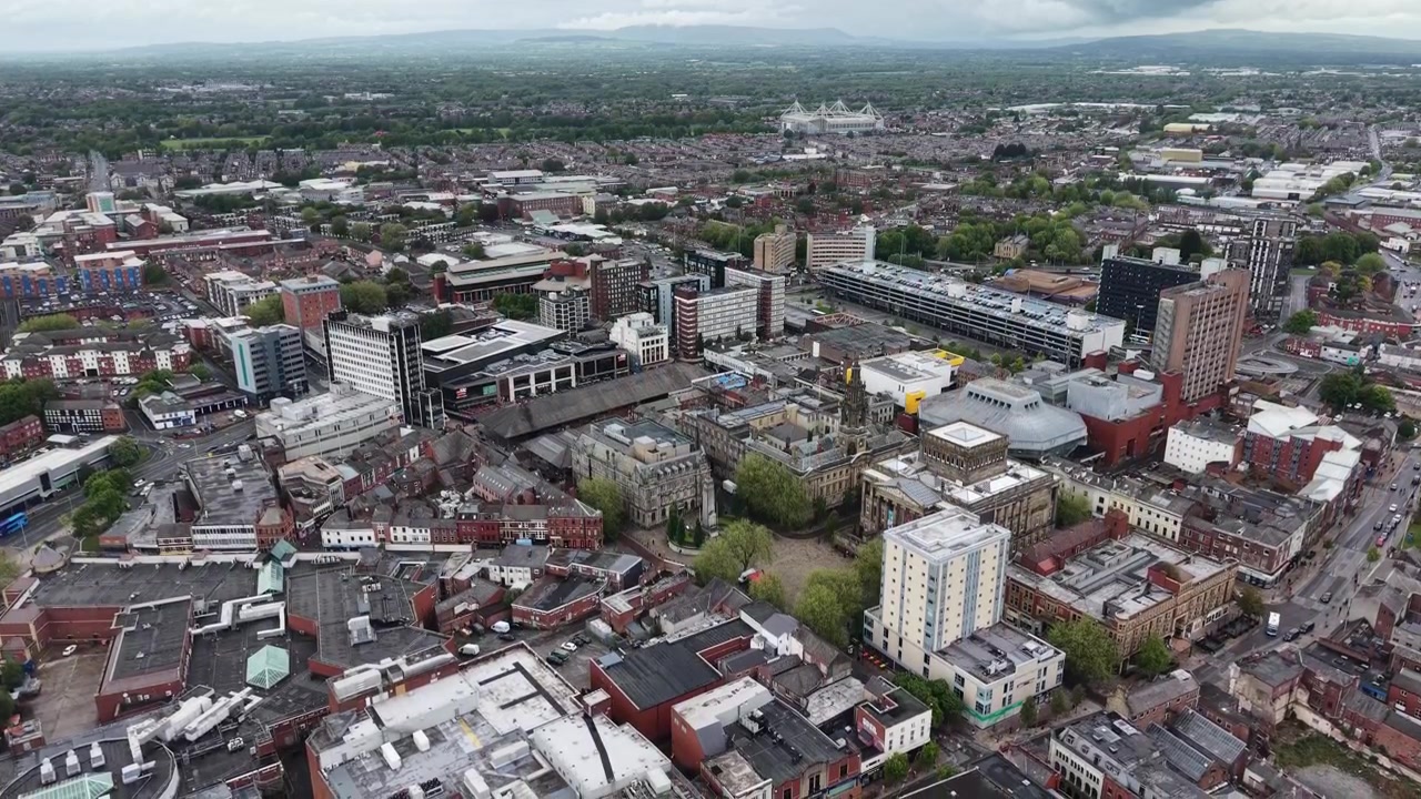 Preston City centre northern England establishing aerial shot