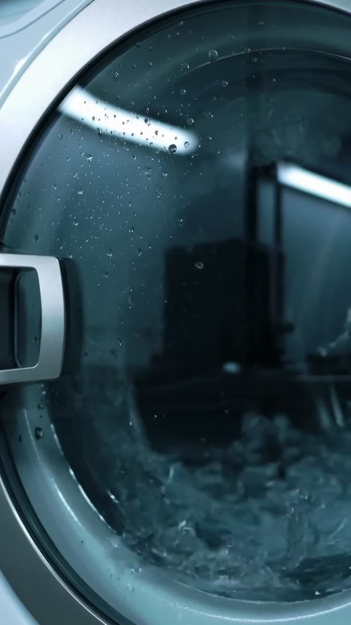 Video verticale: Inizio del lavaggio, oblò del cestello che lava i vestiti, goccioline di schiuma che riflettono l'utente che tiene il telefono.