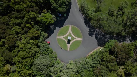 A-drone-shot-looking-directly-down-at-an-interesting-shaped-round-about-at-Waitangi-New-Zealand