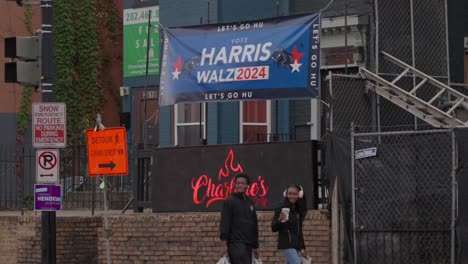 a campaign sign from harris and walz 2024 outside howard university. us election.