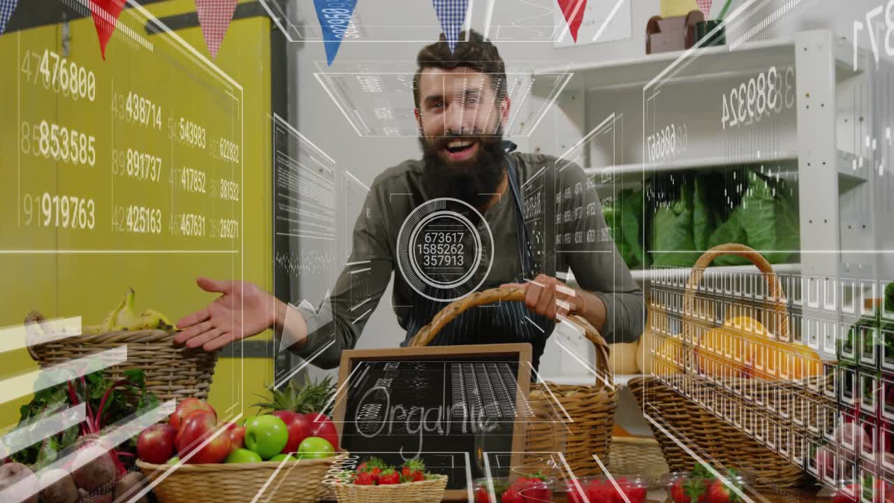Venditore al mercato che sistema un cesto di vimini e un cartello, attivando griglie animate che mostrano frutta biologica