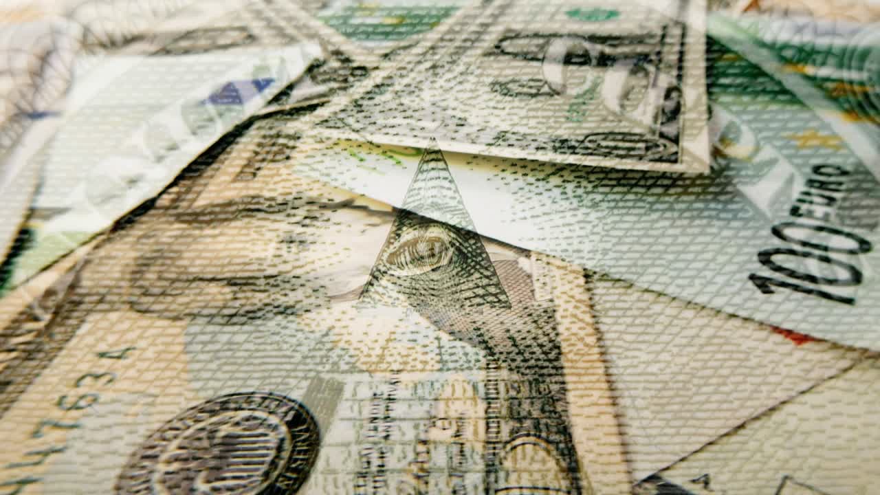 Rotating dollar and euro banknotes of various denominations close-up with a pyramid and the glowing mason eye on top. Pyramid on a banknote of 1 US dollars. 4k macro raw video.