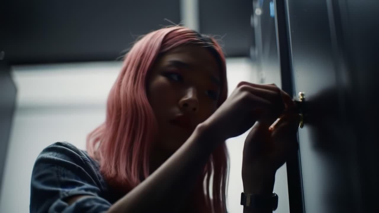 A Close-Up of a Young Woman with Pink Hair Intently Unlocking a Locker, Highlighting the Intricacies of Her Focus and the Surrounding Environment