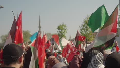 protestors holding flags in a public gathering