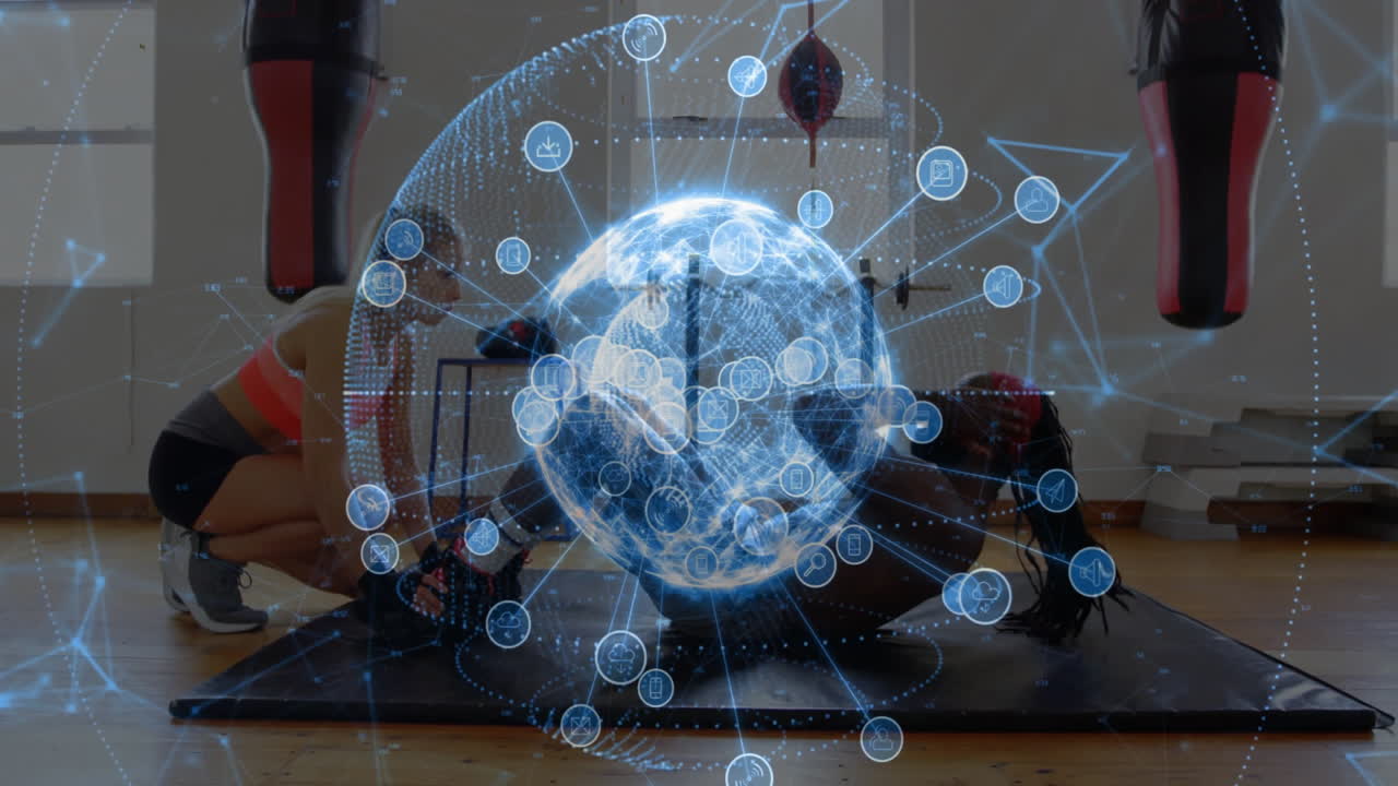 female trainer guiding male client doing crunches in fitness studio, animating holographic globe