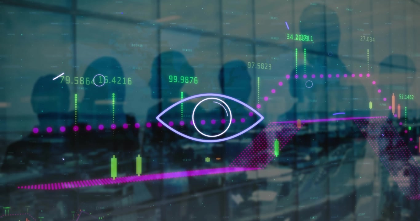 Animation of data processing and shapes over diverse business people silhouettes