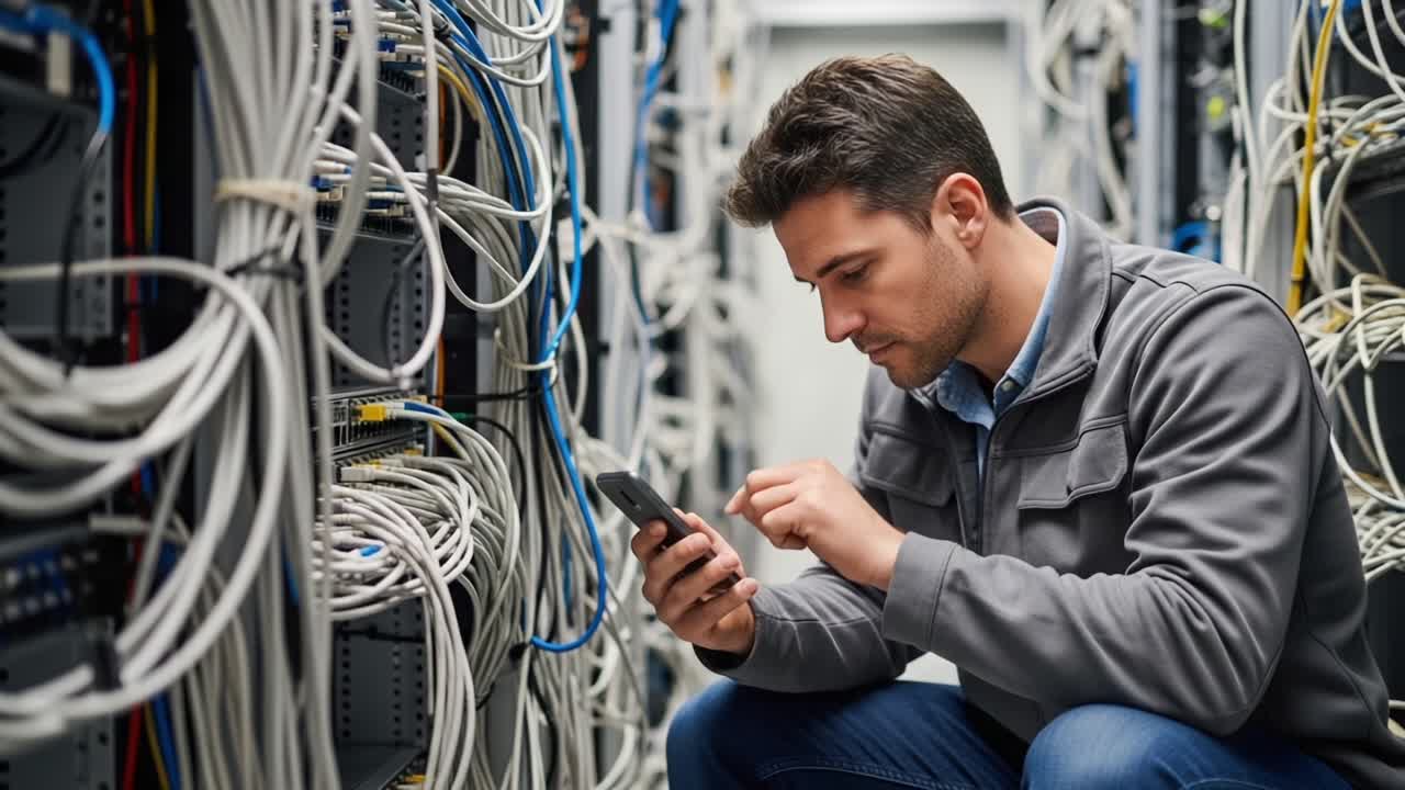 A focused technician works diligently on a mobile device while surrounded by intricate networking cables in a server room, ensuring connectivity and operational efficiency