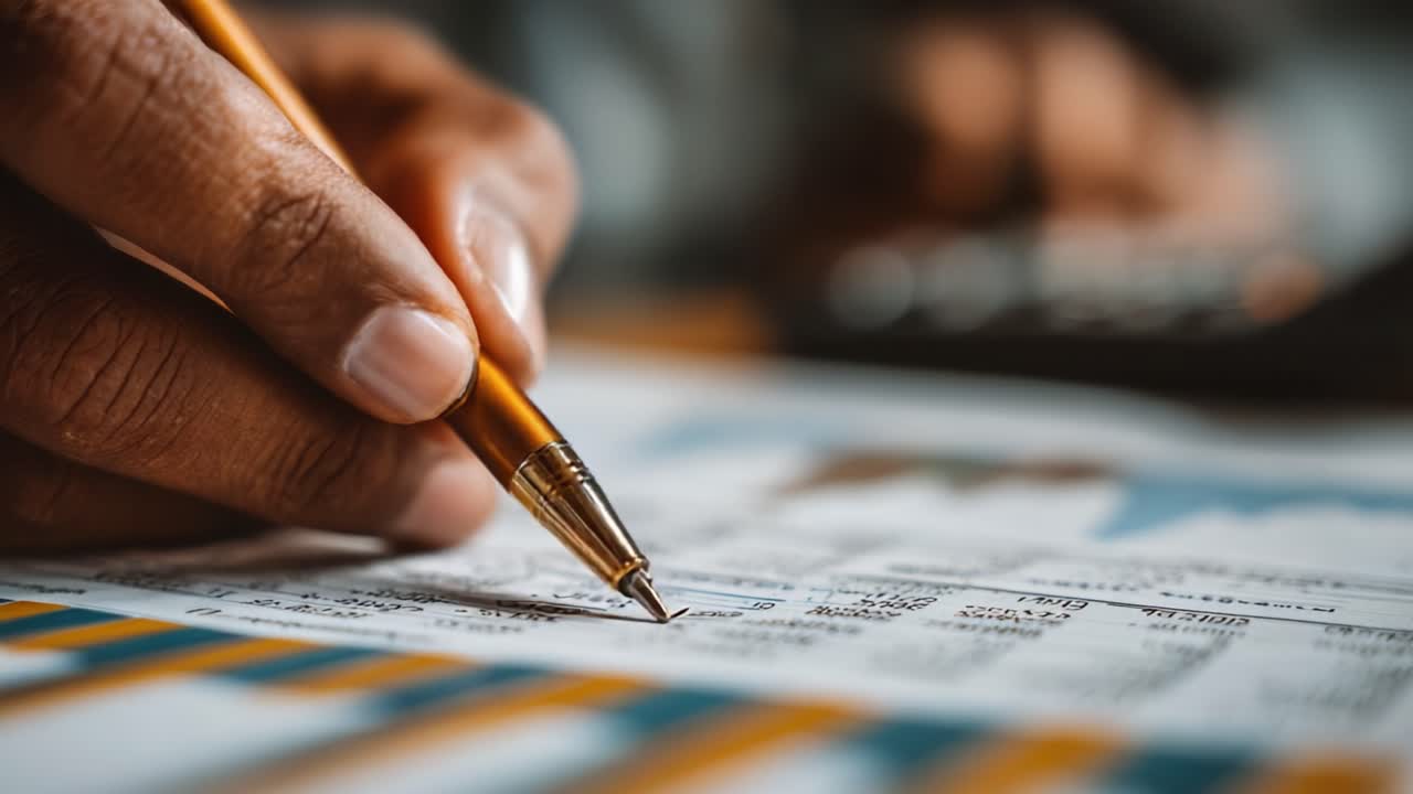Focused Analysis: A Close-Up of Hand Writing Detailed Notes on Financial Documents with a Calculator in the Background