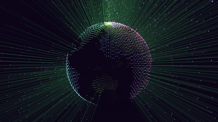 Futuristic sphere with neon glitters and lines on black galaxy