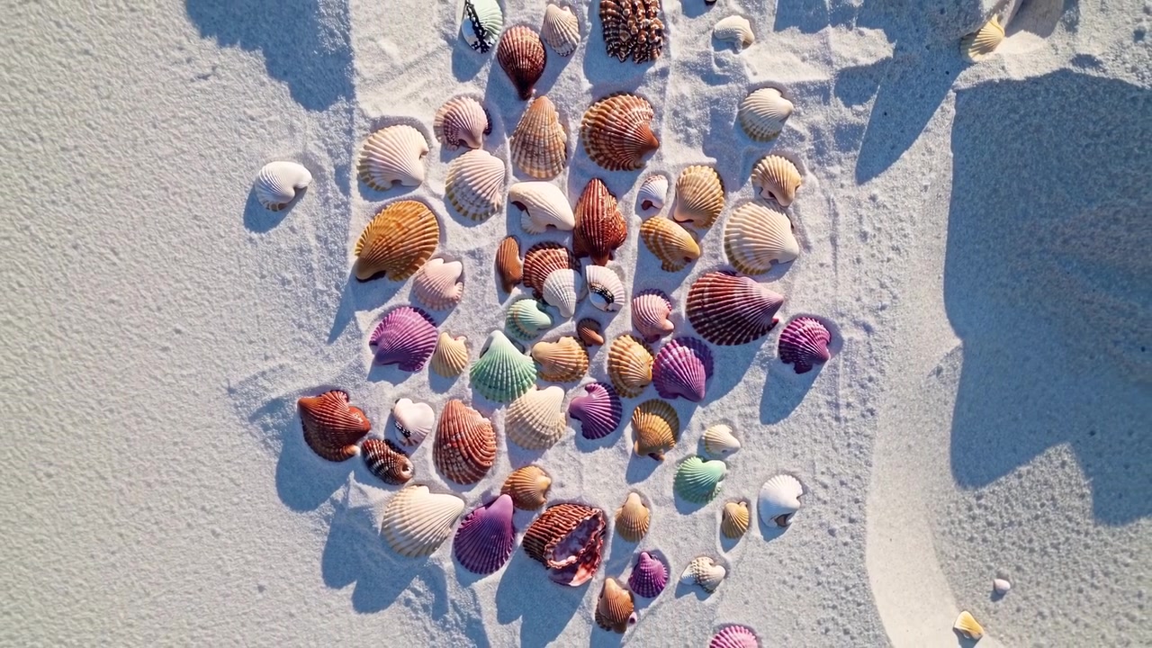 Colorful Seashell Collection Arranged on White Beach Sand