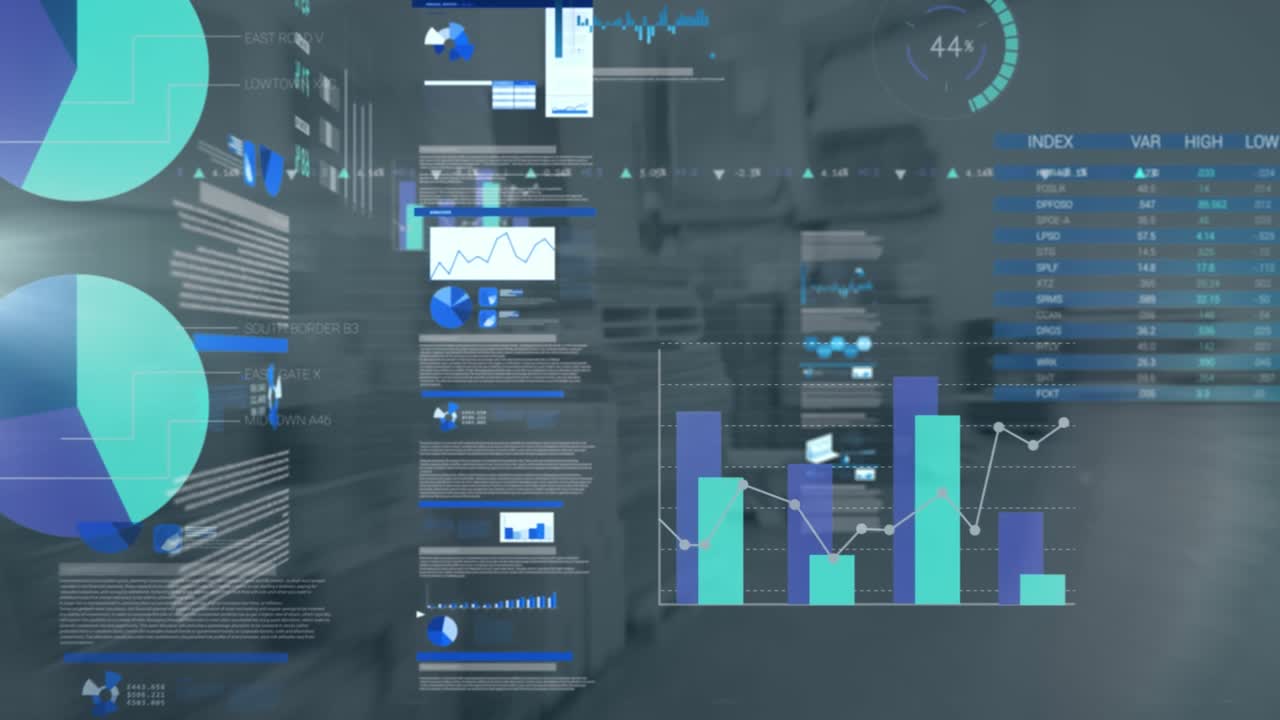 Animation of statistics and data processing over empty office