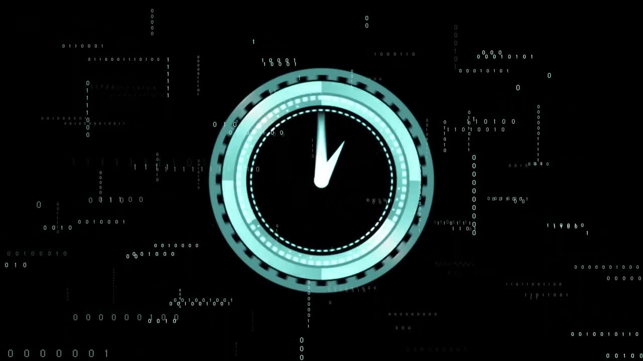 Animation of clock ticking and data processing over dark background