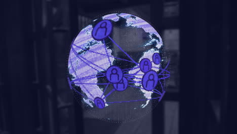 animación del globo con iconos de perfil conectados sobre la entrada de una cafetería vacía