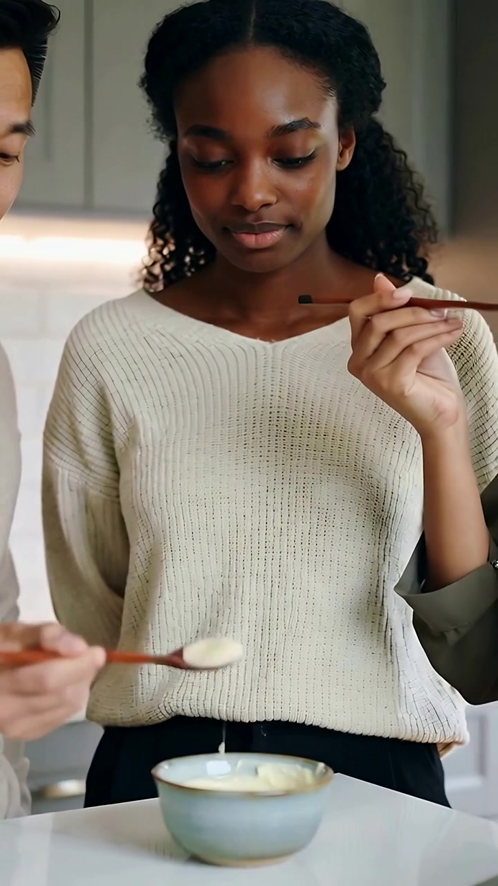 Vertical video: Stirring left man at counter center woman cream top watching joining mixing in bowl