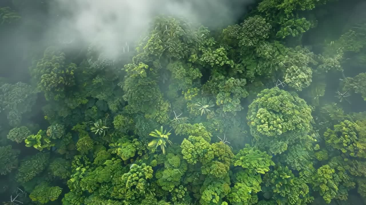 Aerial view of lush green forest with mist, capturing a serene, natural atmosphere