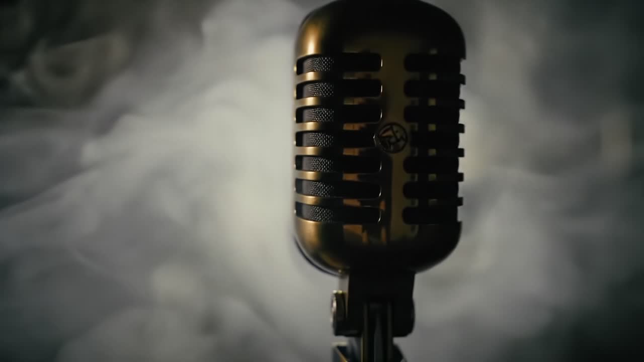 Captivating Close-ups of a Vintage Microphone Surrounded by Mystical Smoke, Evoking a Retro Vibe and the Essence of Live Performance Moments