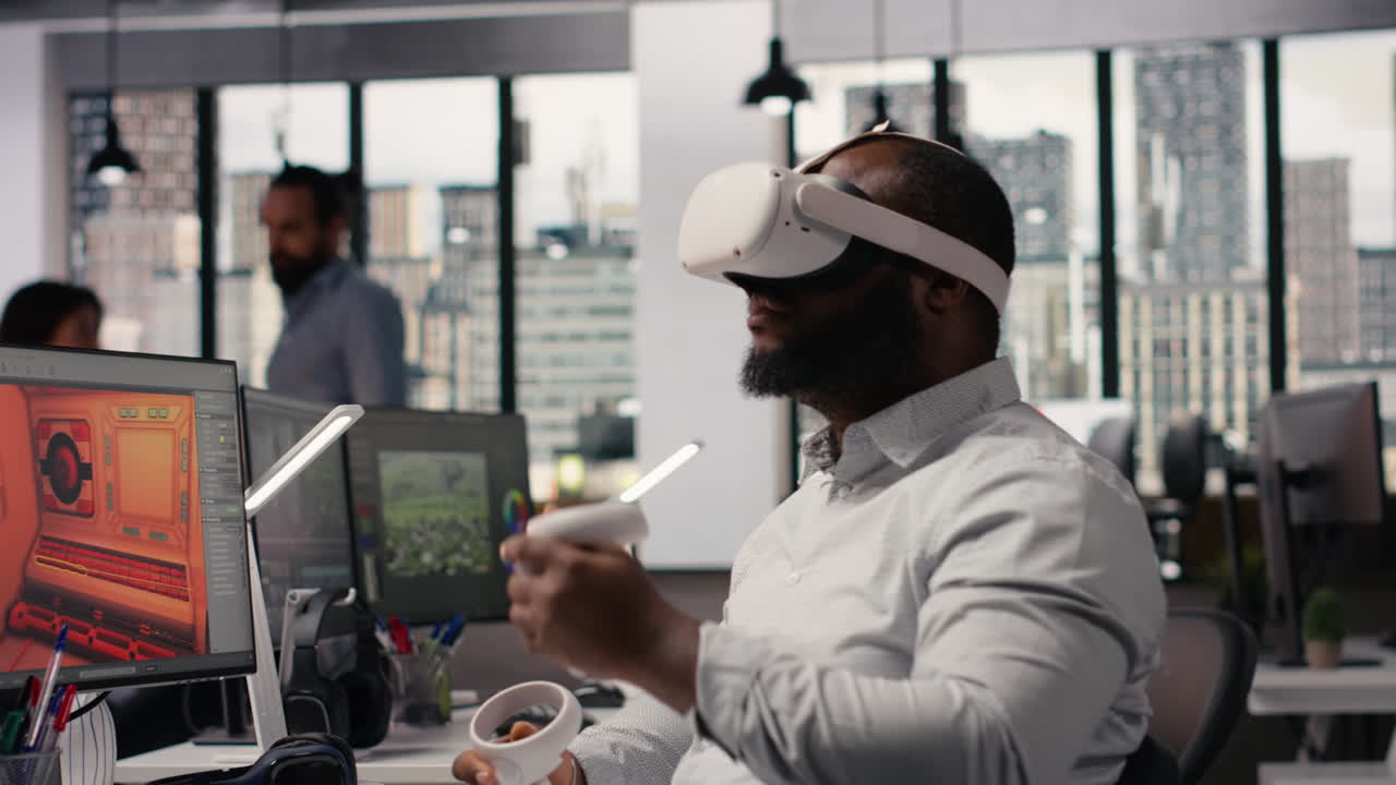 VR glasses cyberspace, game developer, video game in space, dual monitors