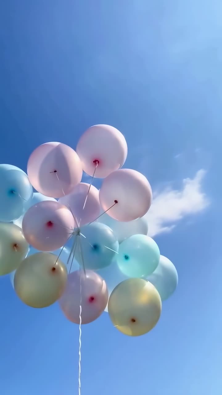 Palloncini Color Pastello che Fluttuano Verso l'Alto in un Cielo Azzurro Limpido