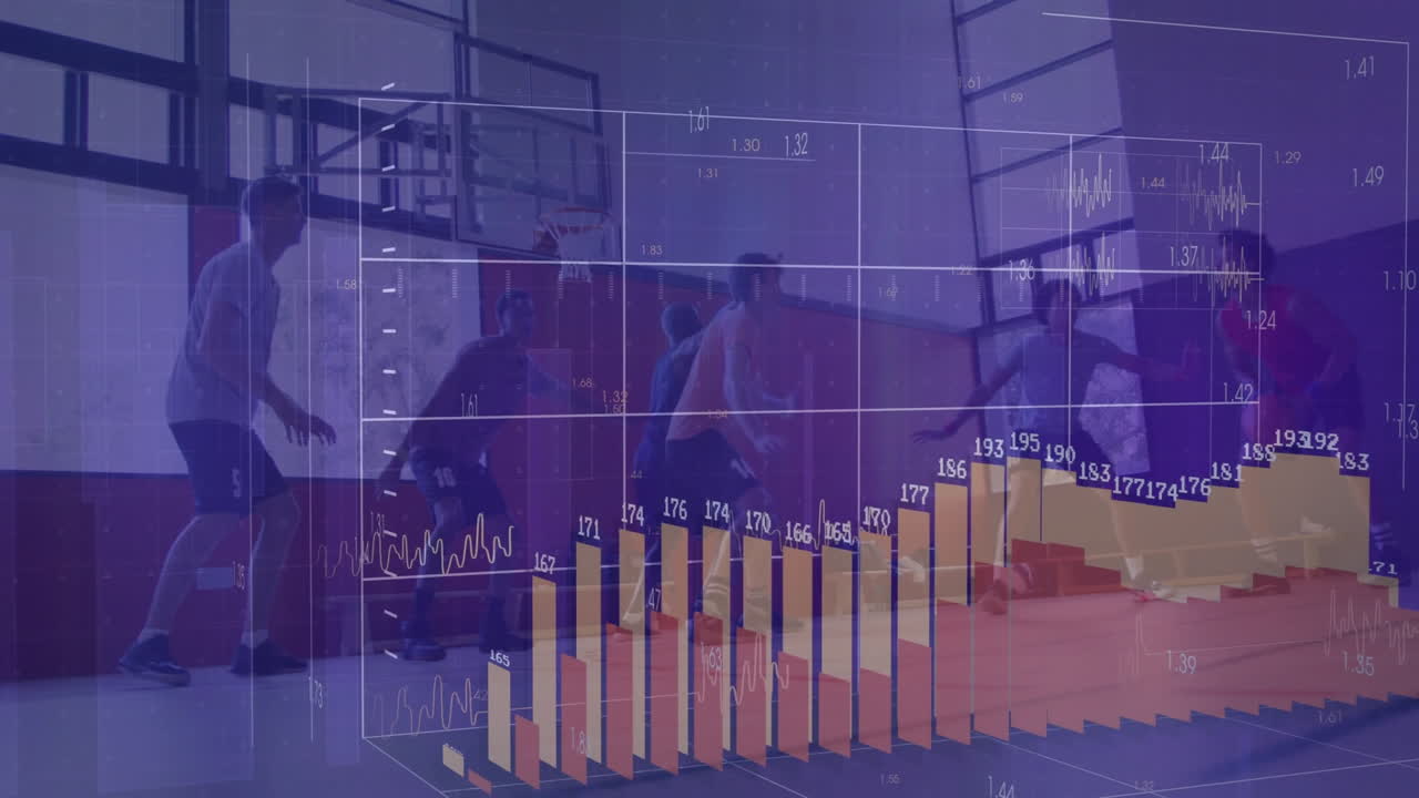 Six men playing basketball in gym using technology analytics with floating bar and line charts