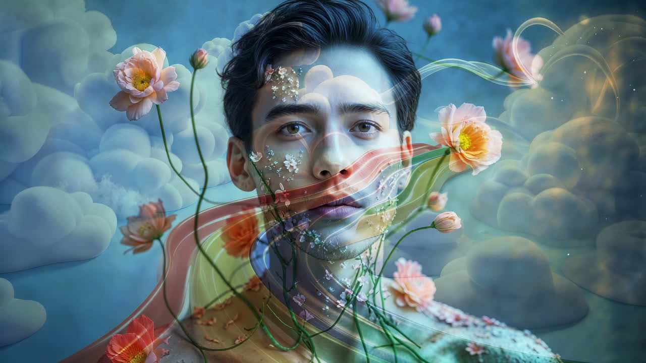 Ritratto Etereo di un Uomo con Fiori e Nuvole