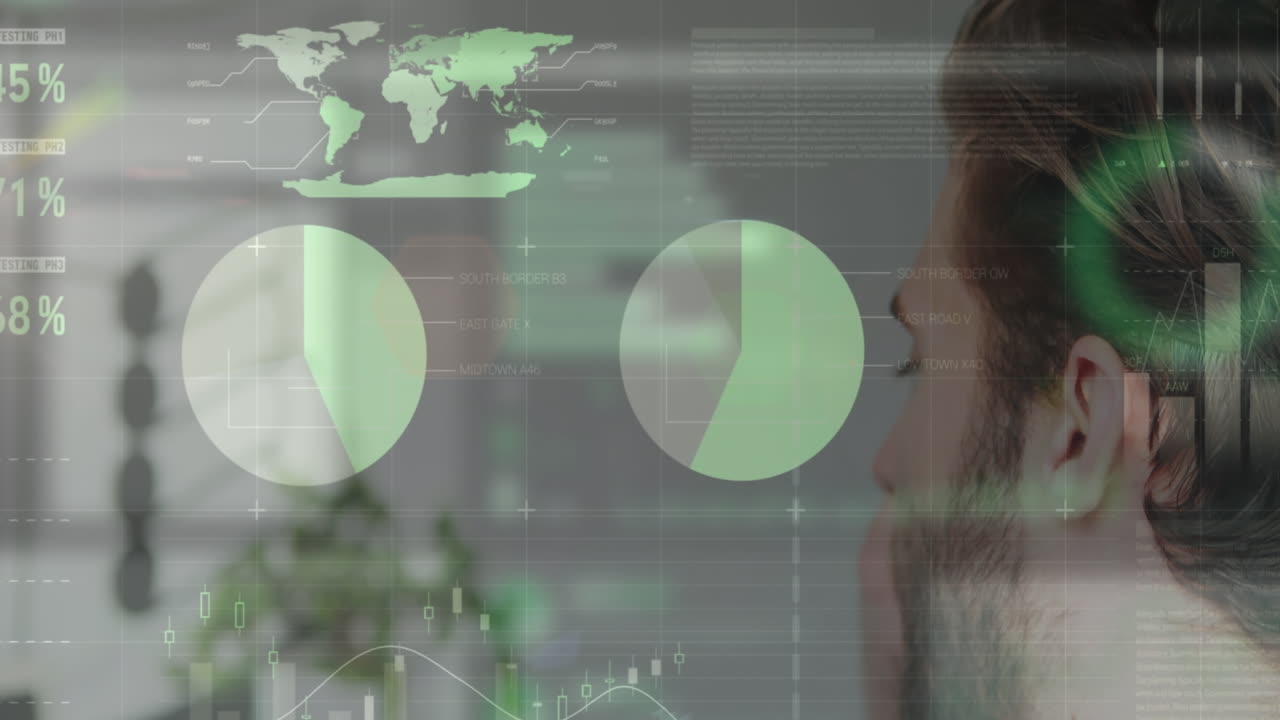 Animation of multicolored infographic interface, close up of caucasian man talking on smartphone