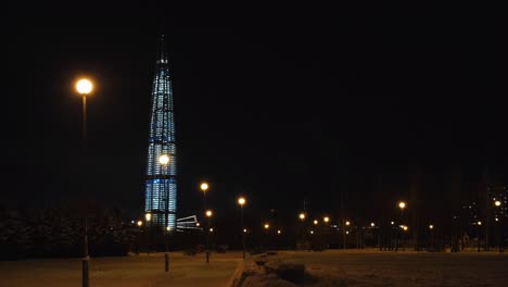 night view of a skyscraper in a winter park