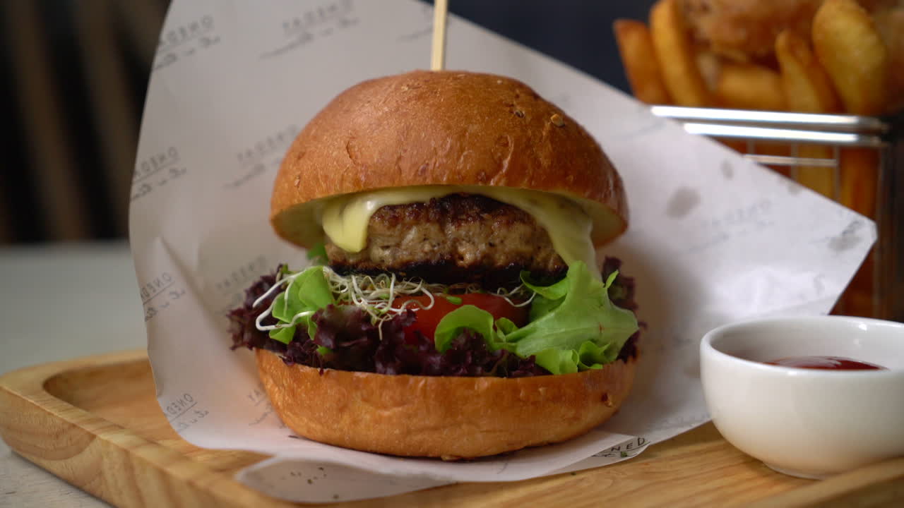 Hamburguesa de cerdo con aros de cebolla y papas fritas.