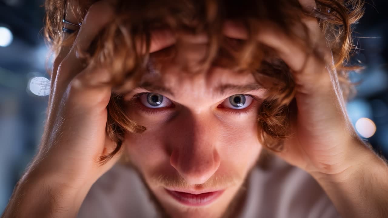 Intense Close-Up: A Young Man's Struggle with Stress and Anxiety, His Hands Pressed to His Head, Reflecting Inner Turmoil and Emotional Distress in a Dimly Lit Room