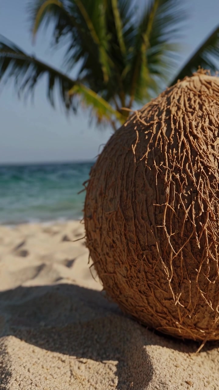 Single Coconut Resting on Tropical Sandy Beach